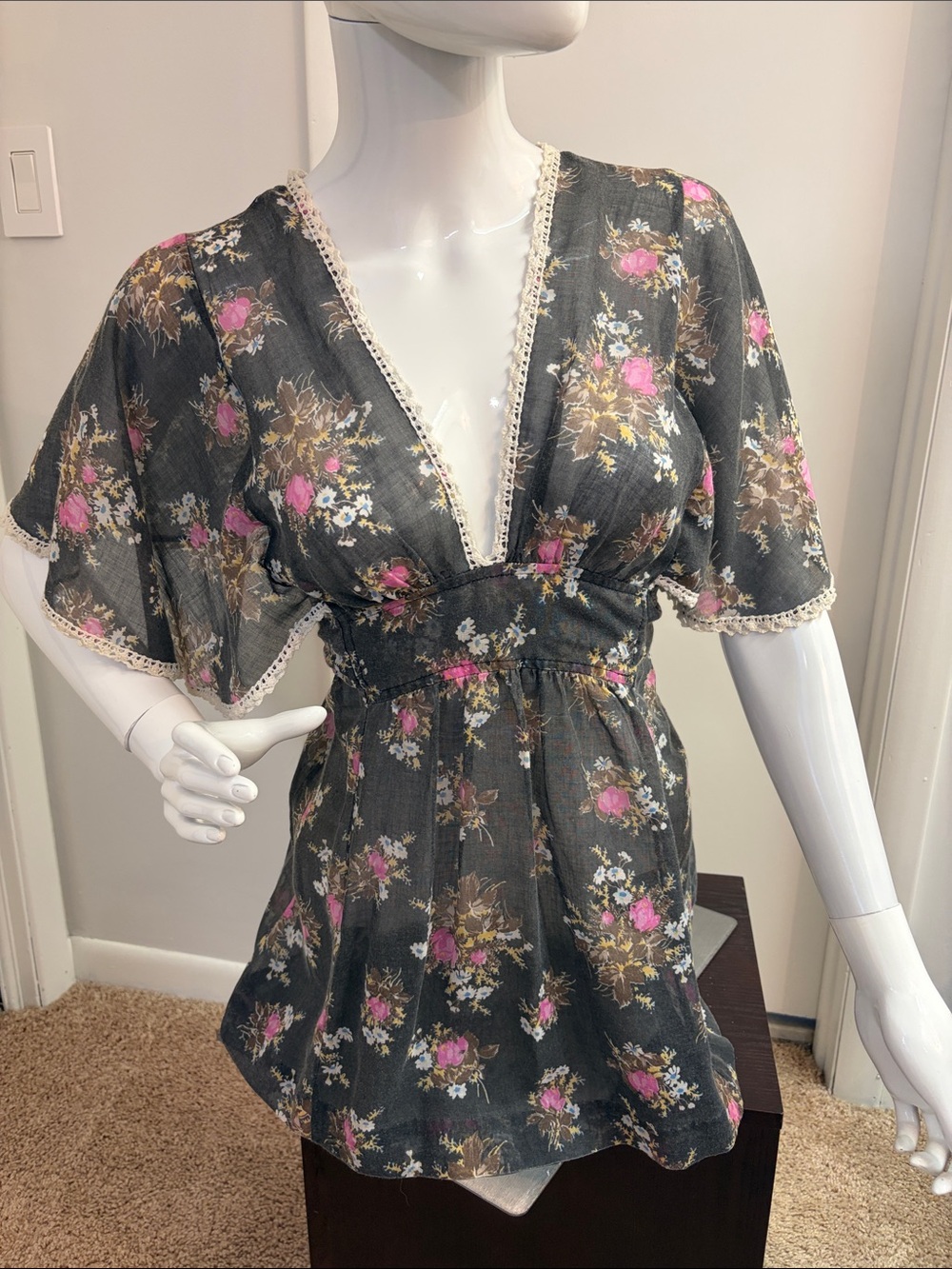 Vintage Floral Blouse in Black and Cream with Pink Accents